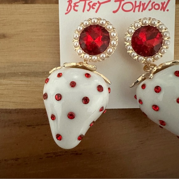 Betsey Johnson Gold Tone White Strawberry Red Crystal Faux Pearl Drop Earrings - Picture 2 of 3